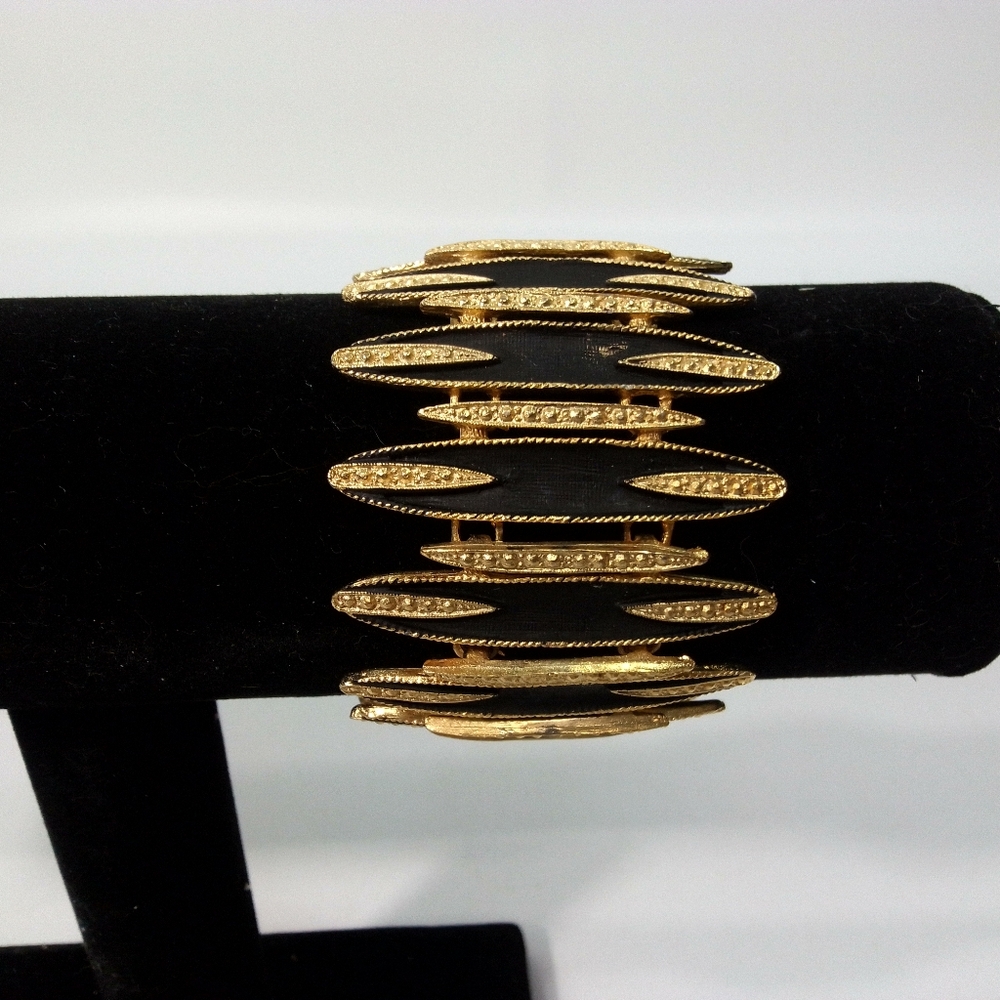 Vintage Statement Bracelet Nefertiti Design Black Gold 7" Long